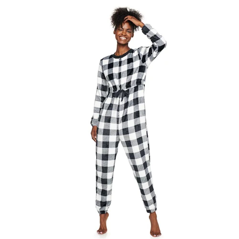So Intimates Women Cinch Waist One-Piece Plaid Fleece Pajamas Size L Black White